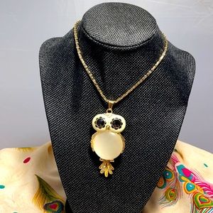 Bead and Enamel Rhinestone Owl Necklace